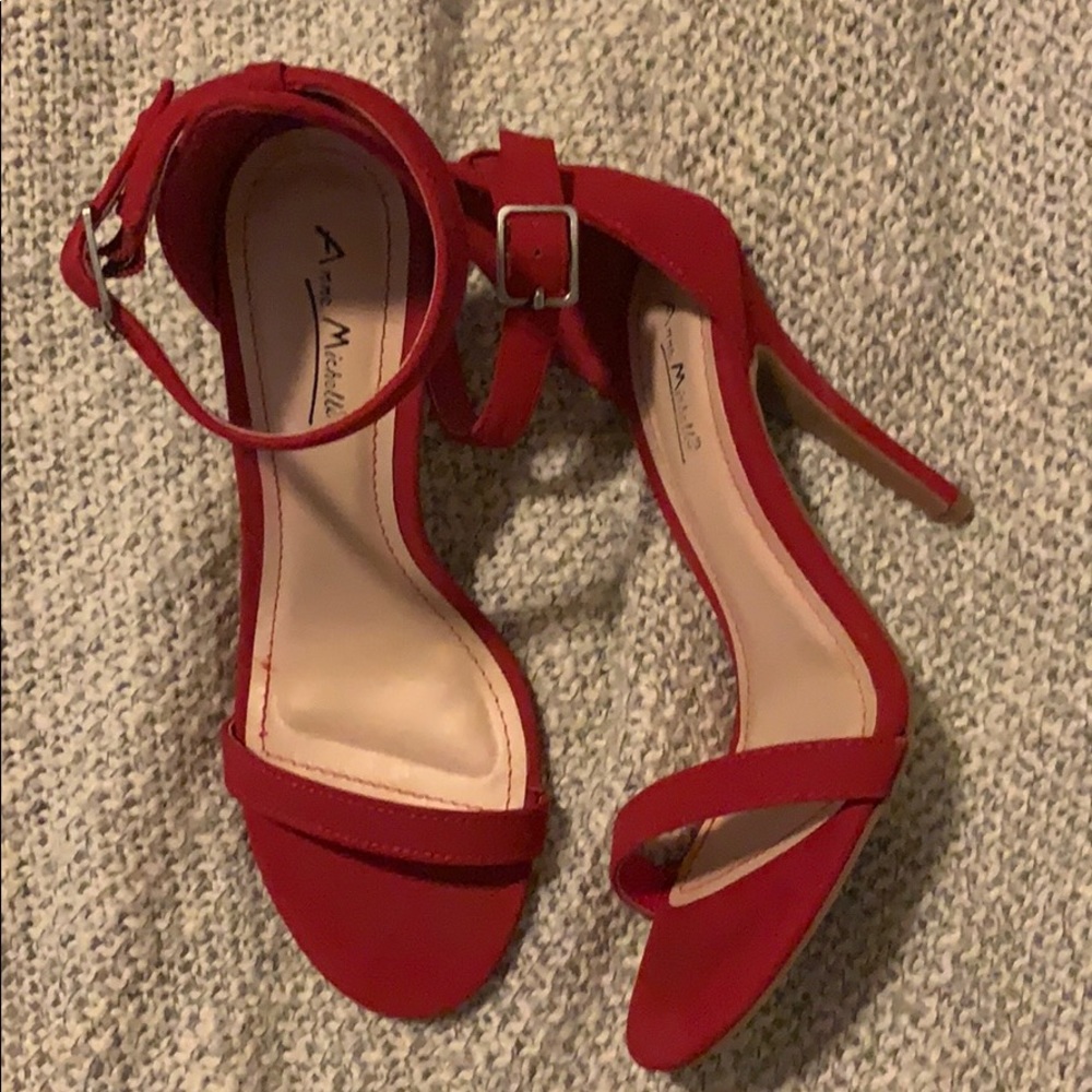 Red ankle strap open toe heels